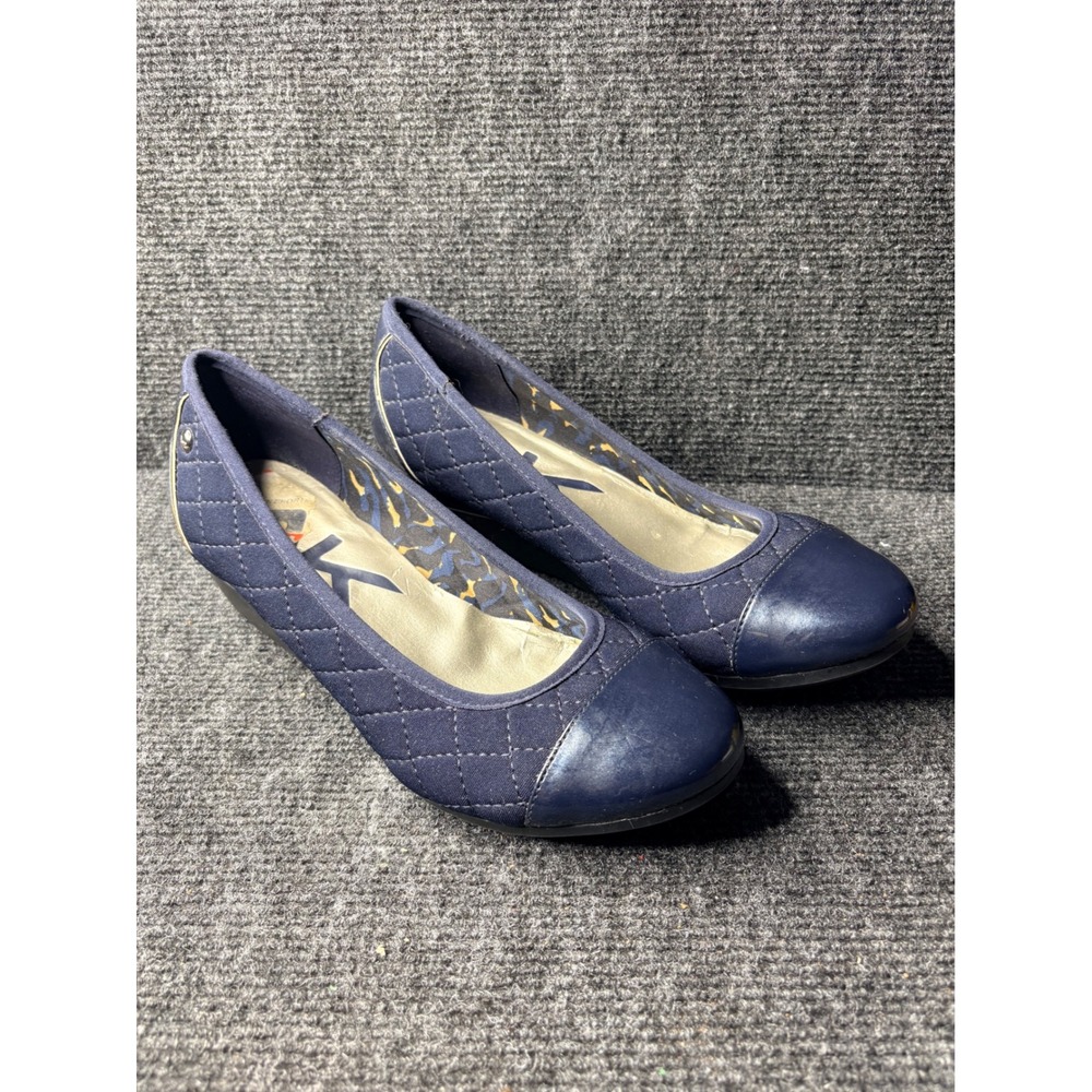 Anne Klein Sport Womens Navy Quilted Patent Cap Toe Wedge Pumps Blue Round Toe